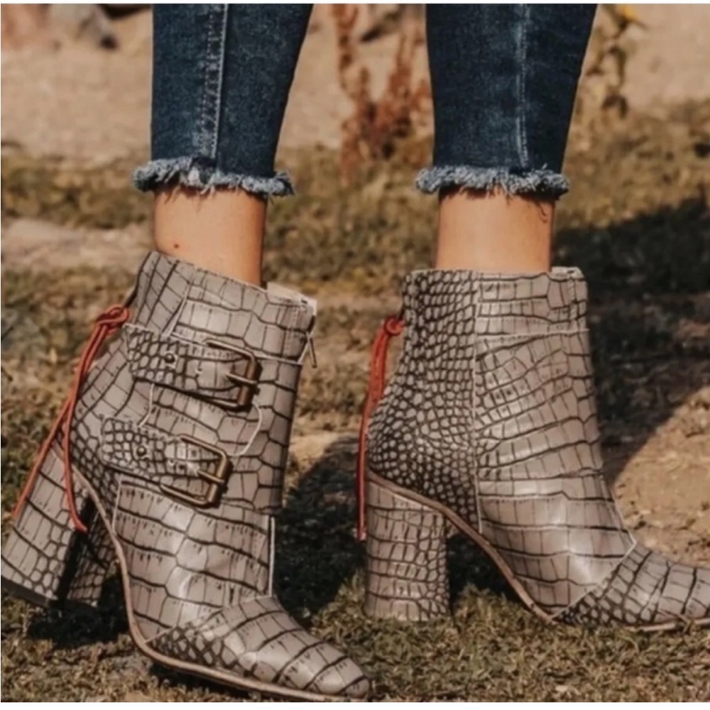 Freebird Croc-Embossed Heeled Boots in Gray and Brown